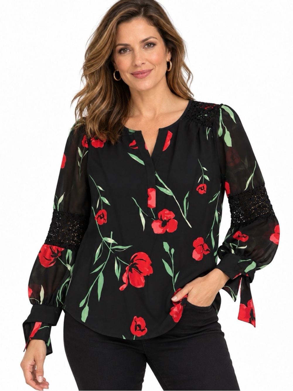 le chateau Black Floral Split-Front Blouse